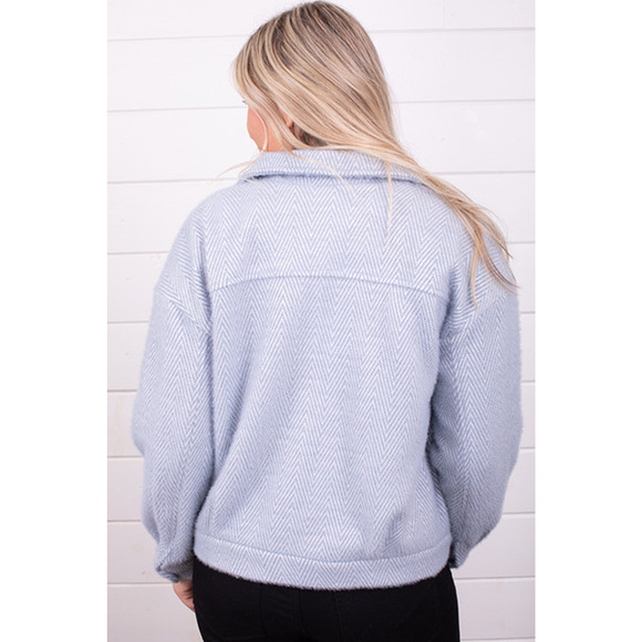 Mystree Fuzzy Soft Button Front Herringbone Shacket Blue S - Picture 4 of 10